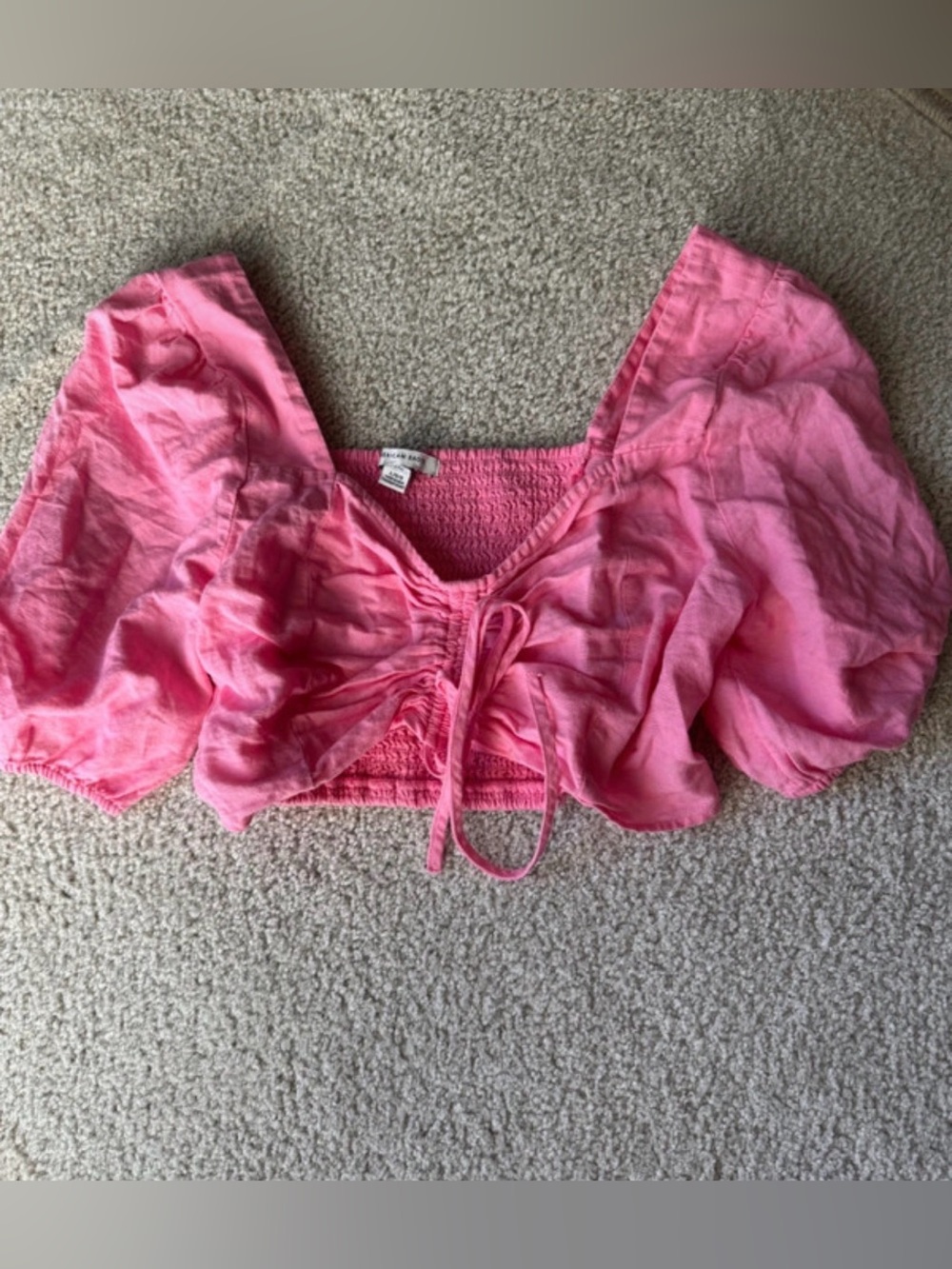 American Eagle Outfitters Pink Smocked Crop Top with Puff Sleeves y2k